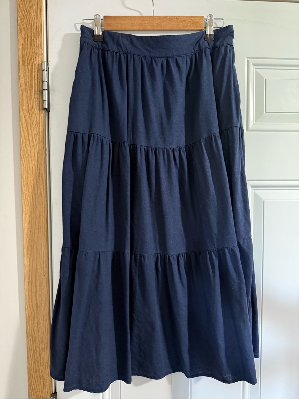 53. Linen Navy Tiered Maxi Skirt — Classic Flowing Silhouette